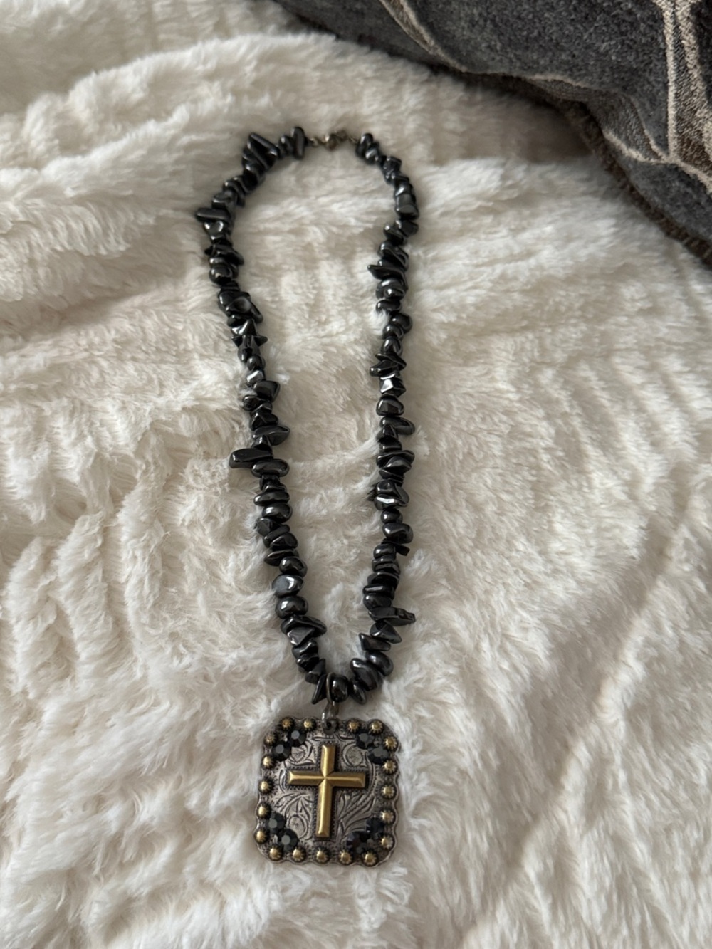 Black Bead Cross Pendant Necklace - Women's Jewelry
